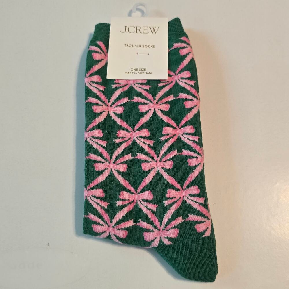 J Crew Trouser Socks Womens One Size Green With Pink Bow Pink NWT